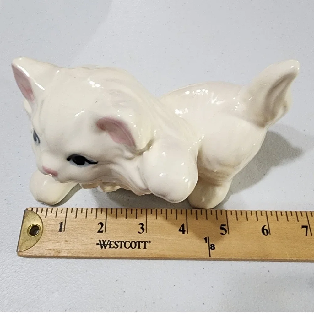 Vintage White Ceramic Kitten Figurine Playful Pouncing Cat Blue Eyes